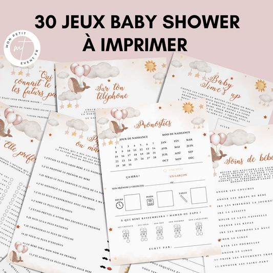 Jeux Baby Shower à imprimer :  Fête Prénatale ! Carte de jeux et Prédiction Bébé Thème Baleine