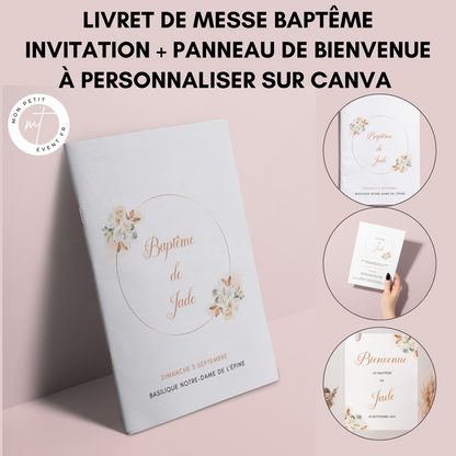 Livret de messe Baptême à personnaliser sur Canva - Livret de messe Baptême DIY - Modèle livret de messe Baptême à télécharger et imprimer