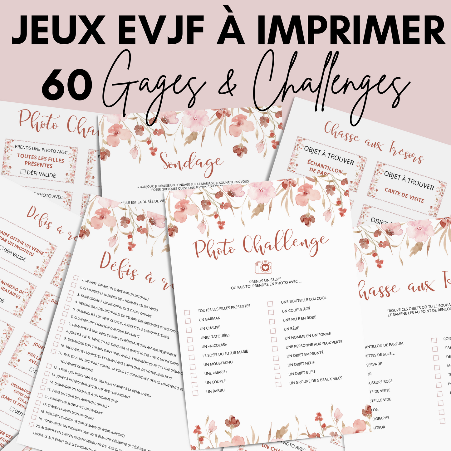 Jeux EVJF à imprimer - 60 Gages, Défis & Challenges pour un enterrement de vie de jeune fille - Activités EVJF - Animations EVJF