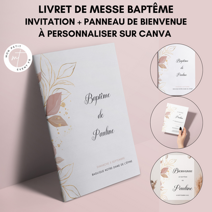 Livret de messe Baptême à personnaliser sur Canva - Livret de messe Baptême DIY - Modèle livret de messe Baptême à télécharger et imprimer