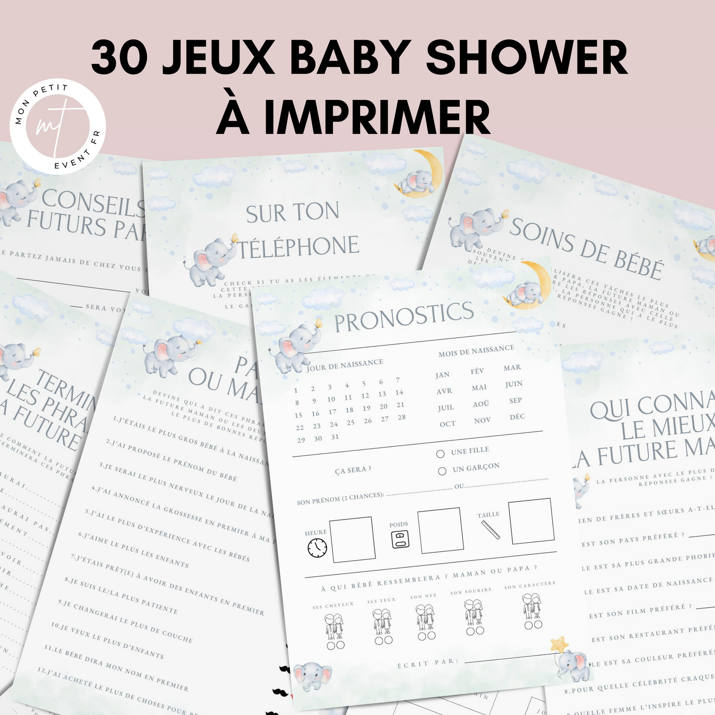 Jeux Baby Shower Thème Éléphant à imprimer - Activités Baby Shower en français à télécharger - 30 Jeux Fête Prénatale