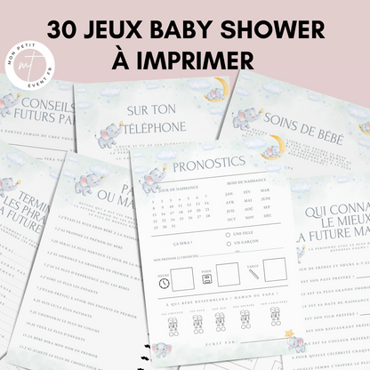 Jeux Baby Shower Thème Éléphant à imprimer - Activités Baby Shower en français à télécharger - 30 Jeux Fête Prénatale