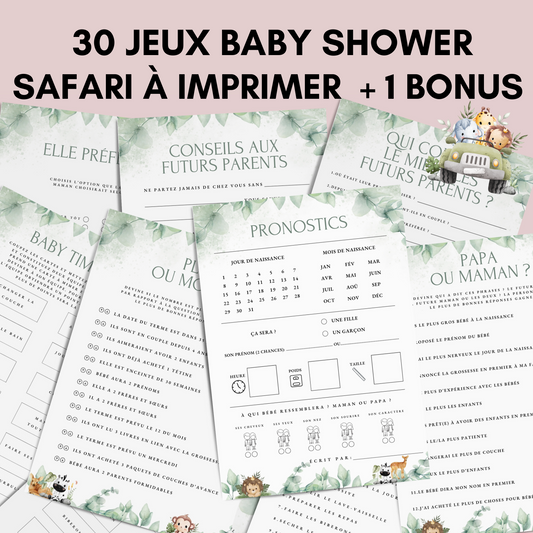 Jeux Baby Shower Thème Safari - 30 Activités Fête Prénatale en français à télécharger Animaux de la Jungle