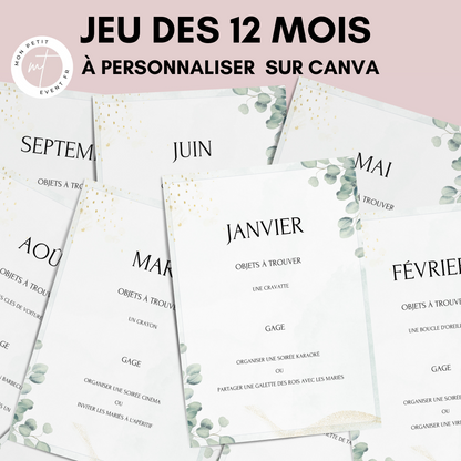 Jeu des 12 mois personnalisable Thème Eucalyptus - Activité idéale pour un mariage - Jeux mariage Français -  Animations de table mariage