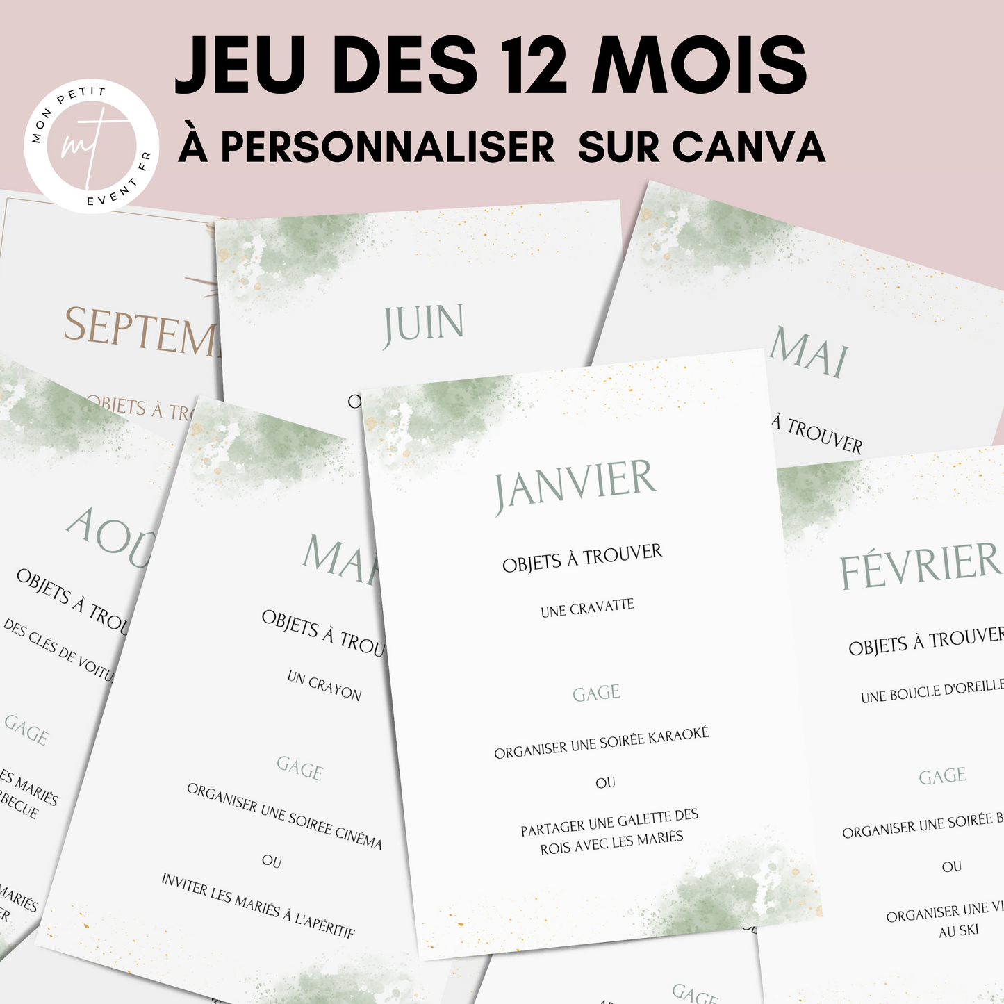 Jeu des 12 mois personnalisable - Activité idéale pour un mariage - Jeux mariage Français -  Animations de table mariage