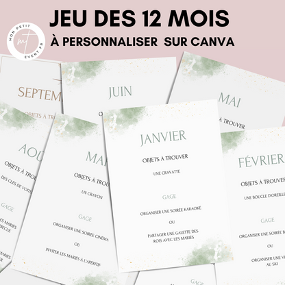 Jeu des 12 mois personnalisable - Activité idéale pour un mariage - Jeux mariage Français -  Animations de table mariage