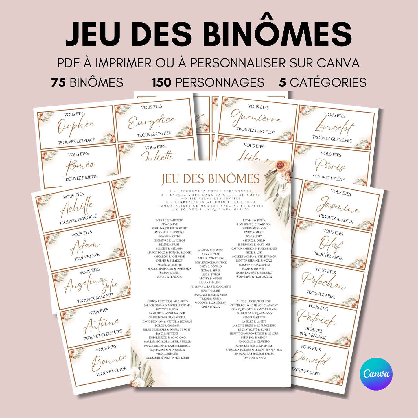 Jeu des binômes à imprimer - Carte jeu des binômes PDF - Jeu des duos célèbres - Jeu des binômes mariage liste (Copie) (Copie)