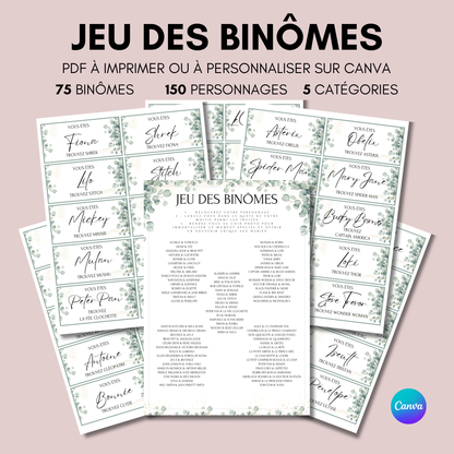 Jeu des binômes à imprimer - Carte jeu des binômes PDF - Jeu des duos célèbres - Jeu des binômes mariage liste