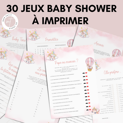 Jeux Baby Shower Thème Licorne à imprimer : Activités en français à télécharger pour une Fête Prénatale inoubliable ! Carte de jeux et Prédiction Bébé