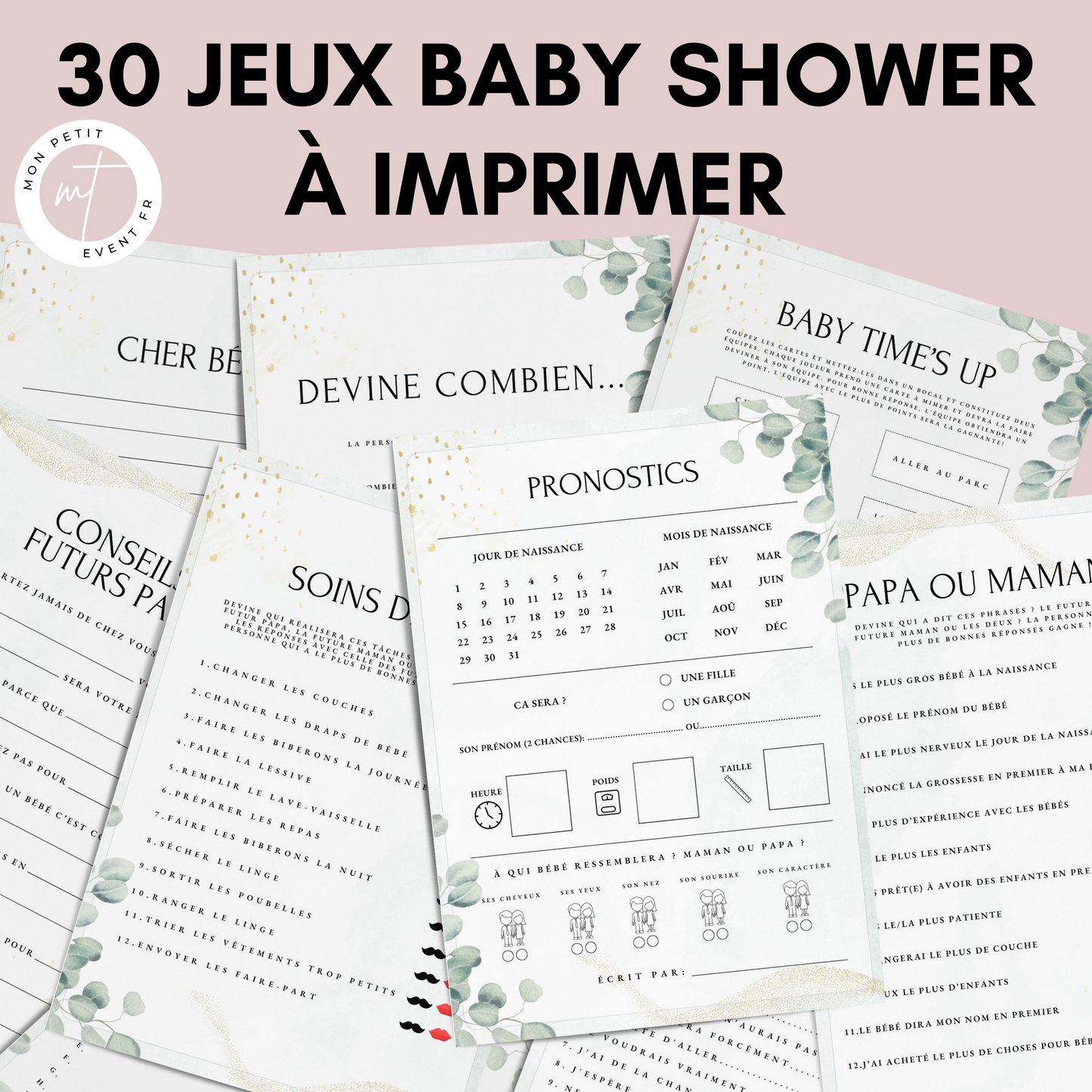 Jeux Baby Shower à imprimer en français : Téléchargez des activités pour une Fête Prénatale inoubliable ! Cartes de jeux et Prédiction Bébé Thème Eucalyptus