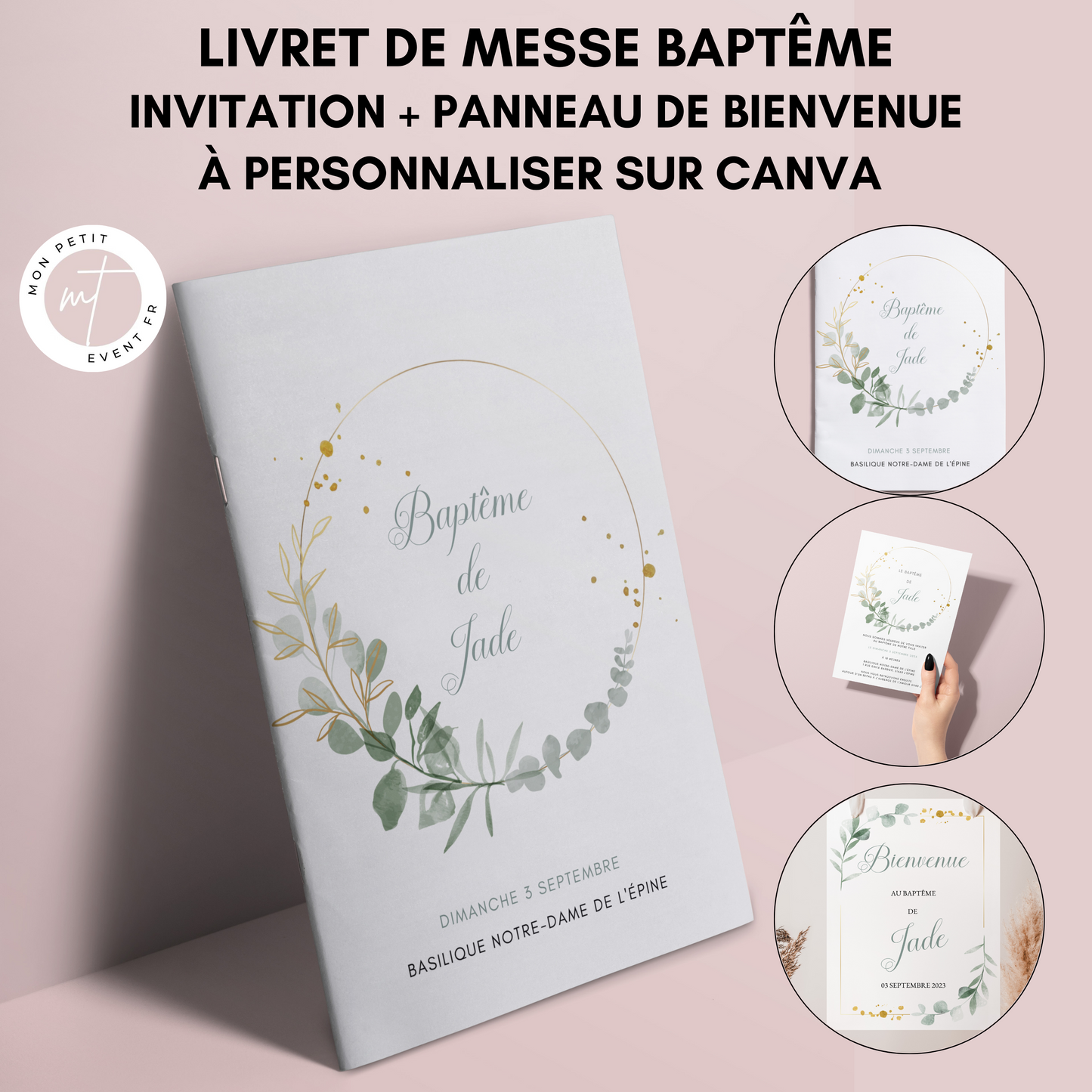 Livret de messe Baptême à personnaliser sur Canva - Livret de messe Baptême DIY - Modèle livret de messe Baptême à télécharger et imprimer