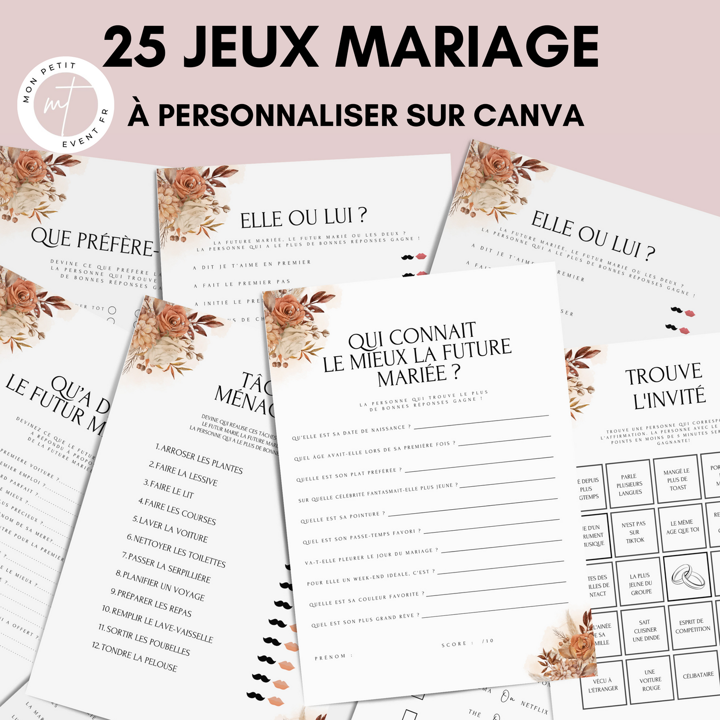 Jeux de mariage en français : activités, 25 cartes à imprimer, animations de table, défis photos et EVJF.