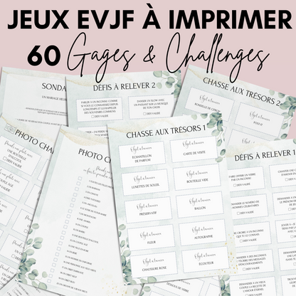 Jeux EVJF Thème Eucalyptus à imprimer - 60 Gages, Défis & Challenges pour un enterrement de vie de jeune fille - Activités EVJF - Animations EVJF