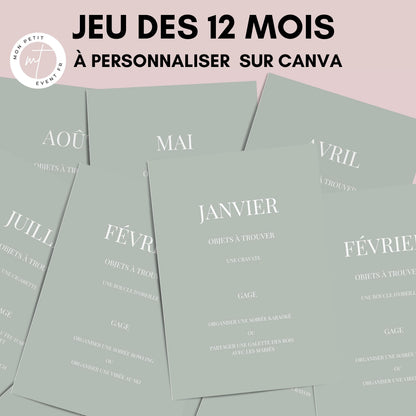 Jeu des 12 mois personnalisable - Activité idéale pour un mariage - Jeux mariage Français -  Animations de table mariage