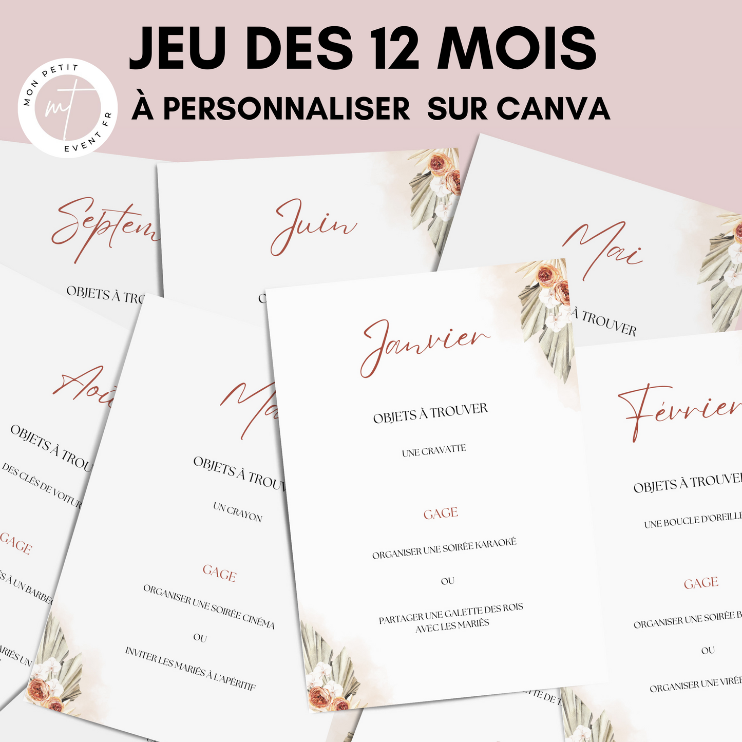 Jeu des 12 mois personnalisable - Activité idéale pour un mariage - Jeux mariage Français -  Animations de table mariage