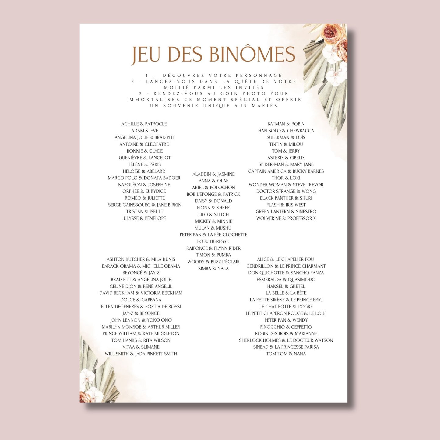 Jeu des binômes à imprimer - Carte jeu des binômes PDF - Jeu des duos célèbres - Jeu des binômes mariage liste (Copie) (Copie)