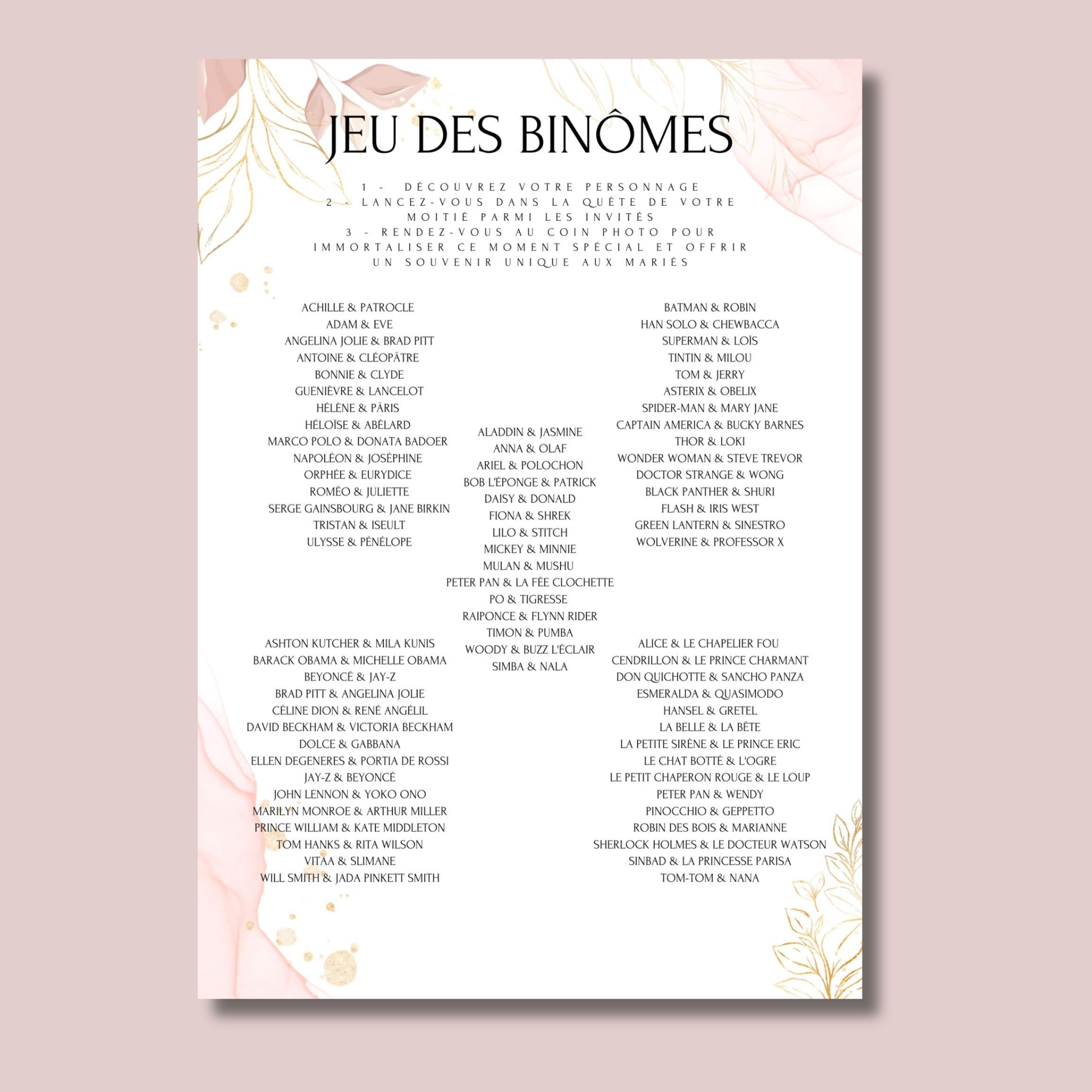 Jeu des binômes à imprimer - Carte jeu des binômes PDF - Jeu des duos célèbres - Jeu des binômes mariage listE