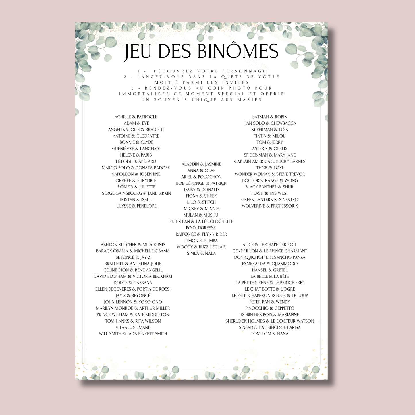 Jeu des binômes à imprimer - Carte jeu des binômes PDF - Jeu des duos célèbres - Jeu des binômes mariage liste