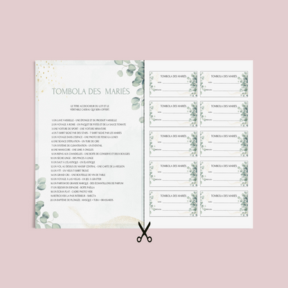 Jeu tombola des mariés Thème Eucalyptus : l'activité idéale pour un mariage ! Loterie mariage française, jeux, idée cadeau tombola mariage et EVJF