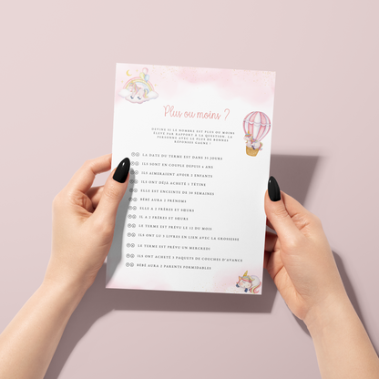 Jeux Baby Shower Thème Licorne à imprimer : Activités en français à télécharger pour une Fête Prénatale inoubliable ! Carte de jeux et Prédiction Bébé