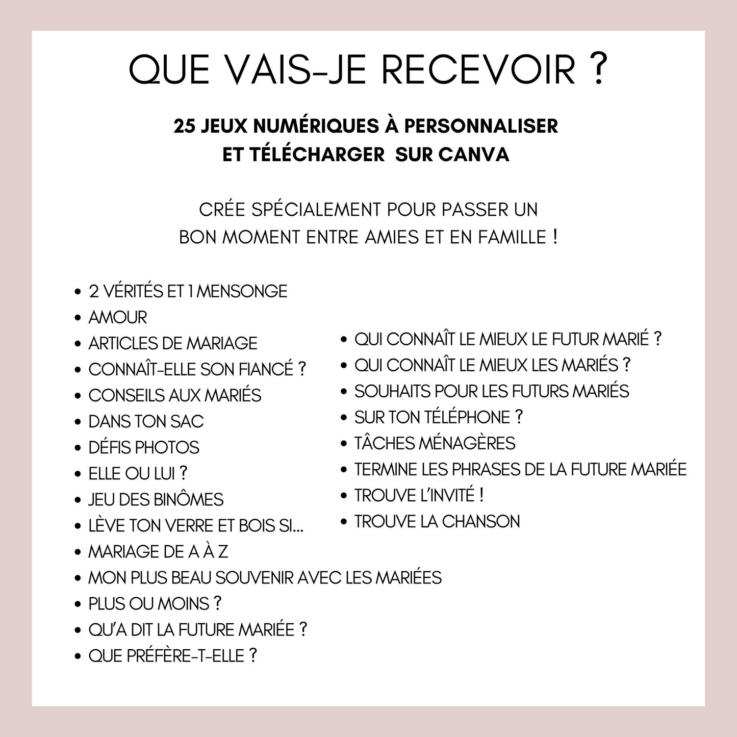 Jeux de mariage en français Thème Eucalyptus : activités, 25 cartes à imprimer, animations de table, défis photos et EVJF.