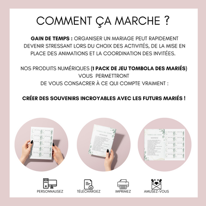 Jeu tombola des mariés Thème Eucalyptus : l'activité idéale pour un mariage ! Loterie mariage française, jeux, idée cadeau tombola mariage et EVJF