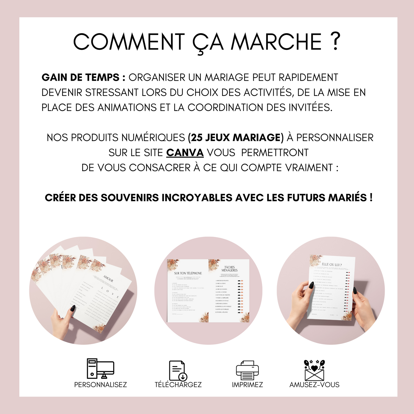 Jeux de mariage en français : activités, 25 cartes à imprimer, animations de table, défis photos et EVJF.