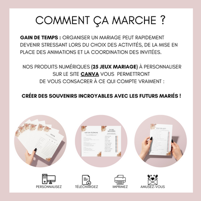 Jeux de mariage en français : activités, 25 cartes à imprimer, animations de table, défis photos et EVJF.