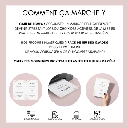 Jeu des 12 mois personnalisable - Activité idéale pour un mariage - Jeux mariage Français -  Animations de table mariage