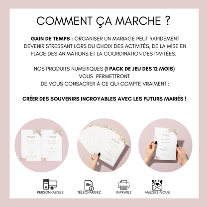 Jeu des 12 mois personnalisable - Activité idéale pour un mariage - Jeux mariage Français -  Animations de table mariage