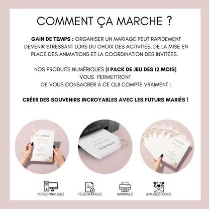 Jeu des 12 mois personnalisable - Activité idéale pour un mariage - Jeux mariage Français -  Animations de table mariage