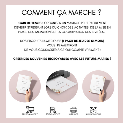 Jeu des 12 mois personnalisable - Activité idéale pour un mariage - Jeux mariage Français -  Animations de table mariage