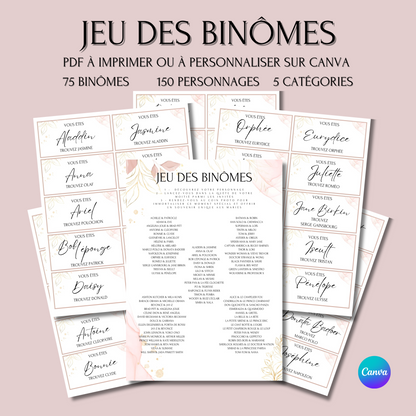 Jeu des binômes à imprimer - Carte jeu des binômes PDF - Jeu des duos célèbres - Jeu des binômes mariage liste