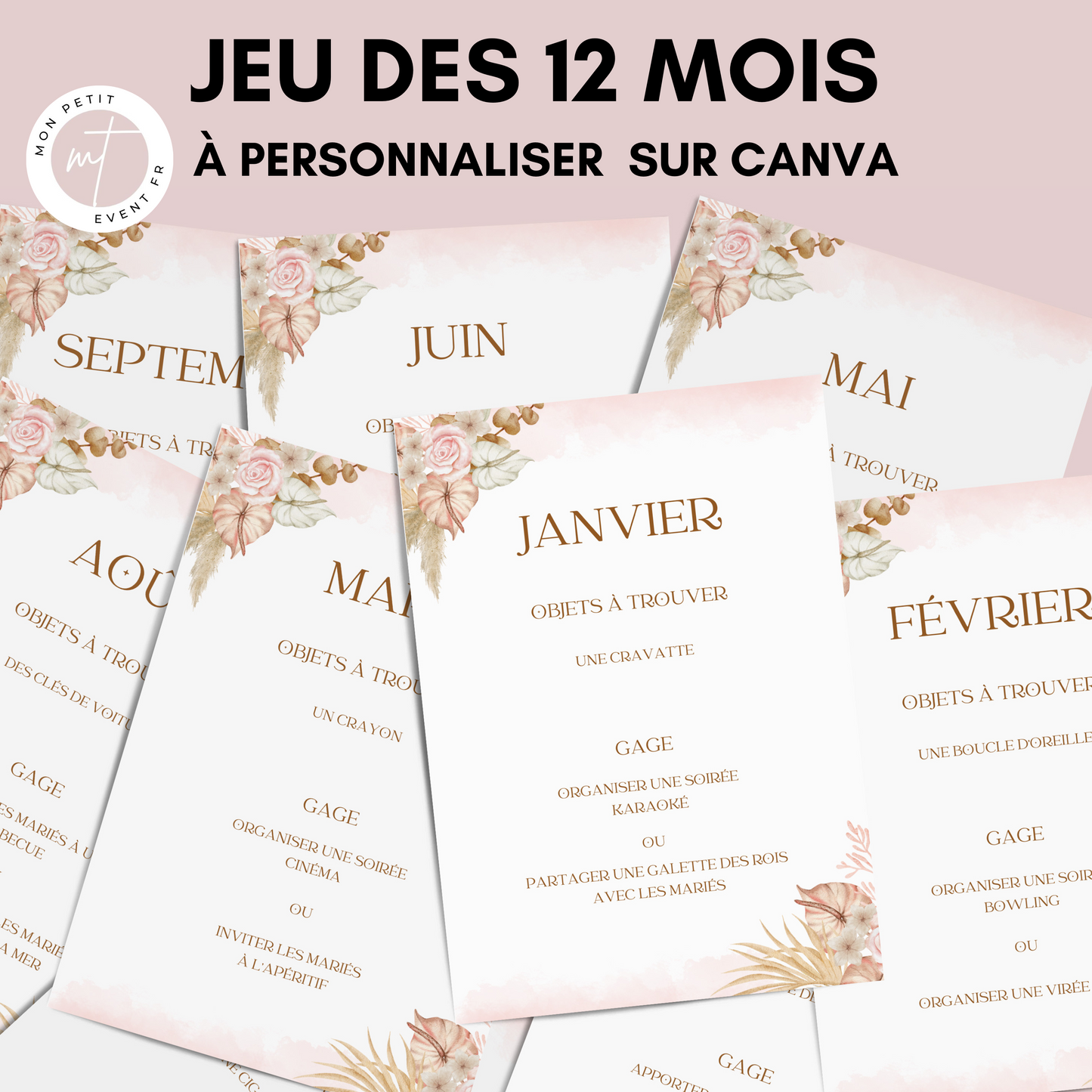 Jeu des 12 mois personnalisable - Activité idéale pour un mariage - Jeux mariage Français -  Animations de table mariage