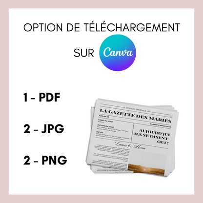 Gazette de Mariage à Personnaliser sur Canva : Modèle DIY Format Magazine A3 et A4 pour une Célébration Inoubliable - Cadeau Invités Mariage