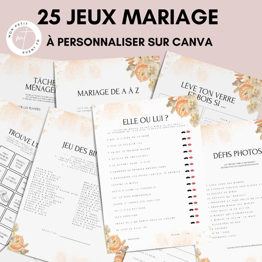 Jeux de mariage en français : activités, 25 cartes à imprimer, animations de table, défis photos et EVJF.