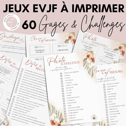 Jeux EVJF Minimaliste à imprimer - 60 Gages, Défis & Challenges pour un enterrement de vie de jeune fille - Activités EVJF - Animations EVJF