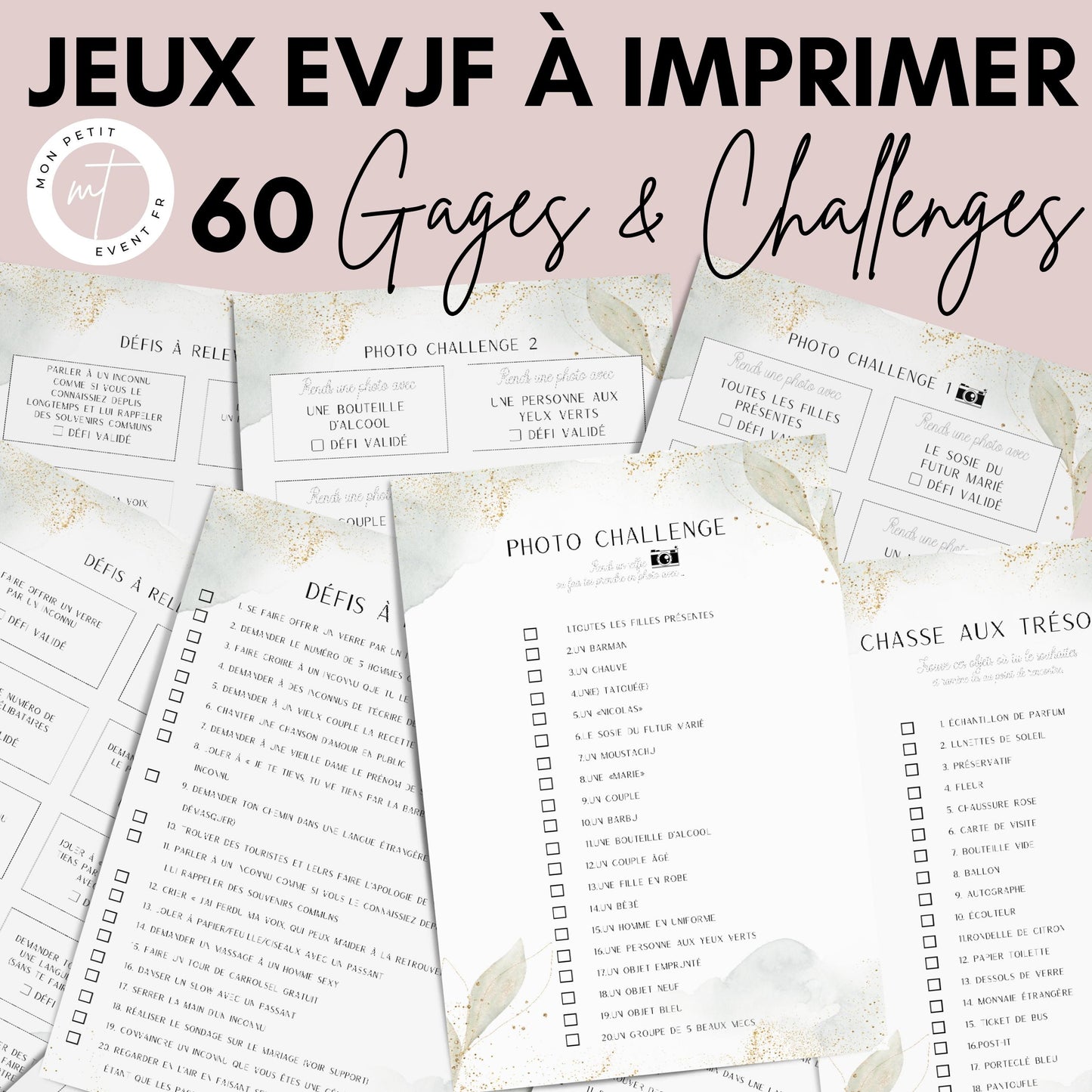 Jeux EVJF à imprimer - 60 Gages, Défis & Challenges pour un enterrement de vie de jeune fille - Activités EVJF - Animations EVJF