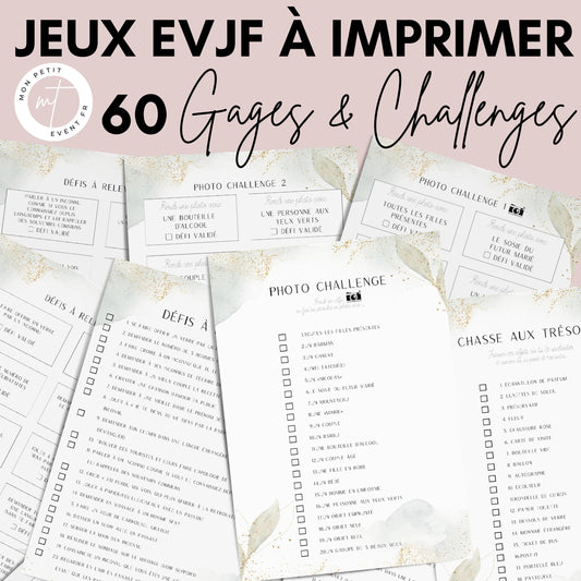 Jeux EVJF à imprimer - 60 Gages, Défis & Challenges pour un enterrement de vie de jeune fille - Activités EVJF - Animations EVJF