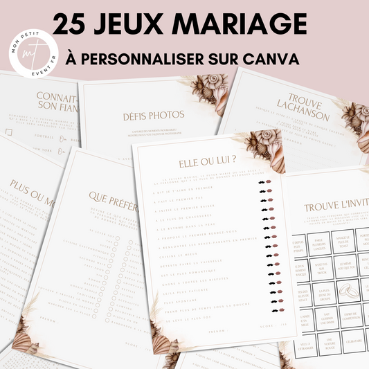 Jeux de mariage en français : activités, 25 cartes à imprimer, animations de table, défis photos et EVJF.