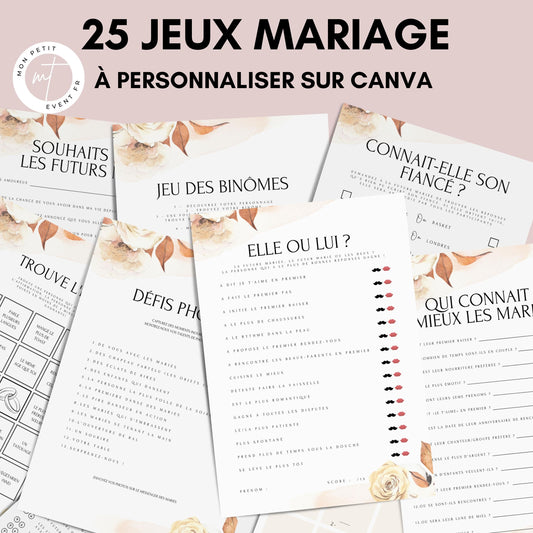 Jeux de mariage en français : activités, 25 cartes à imprimer, animations de table, défis photos et EVJF.