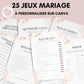 Jeux de mariage en français : activités, 25 cartes à imprimer, animations de table, défis photos et EVJF.