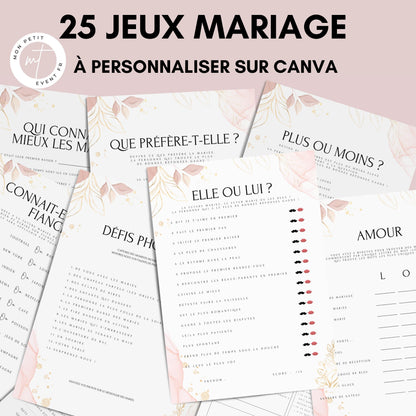 Jeux de mariage en français : activités, 25 cartes à imprimer, animations de table, défis photos et EVJF.