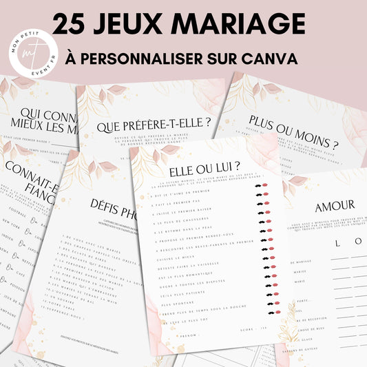 Jeux de mariage en français : activités, 25 cartes à imprimer, animations de table, défis photos et EVJF.