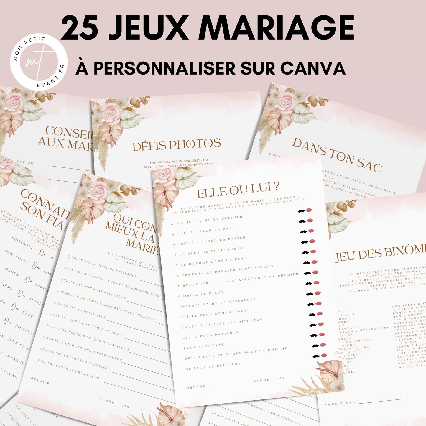 Jeux de mariage en français : activités, 25 cartes à imprimer, animations de table, défis photos et EVJF.