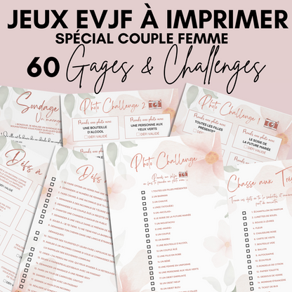 Jeux EVJF Spécial Mariage Couple Femme à imprimer - 60 Gages, Défis & Challenges pour un enterrement de vie de jeune fille - EVJF