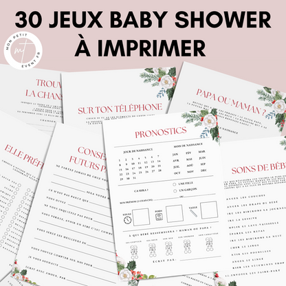 Jeux Baby Shower Thème Noël à imprimer - Activités Baby Shower en français - Carte de jeux Fête Prénatale - Prédiction Bébé Français