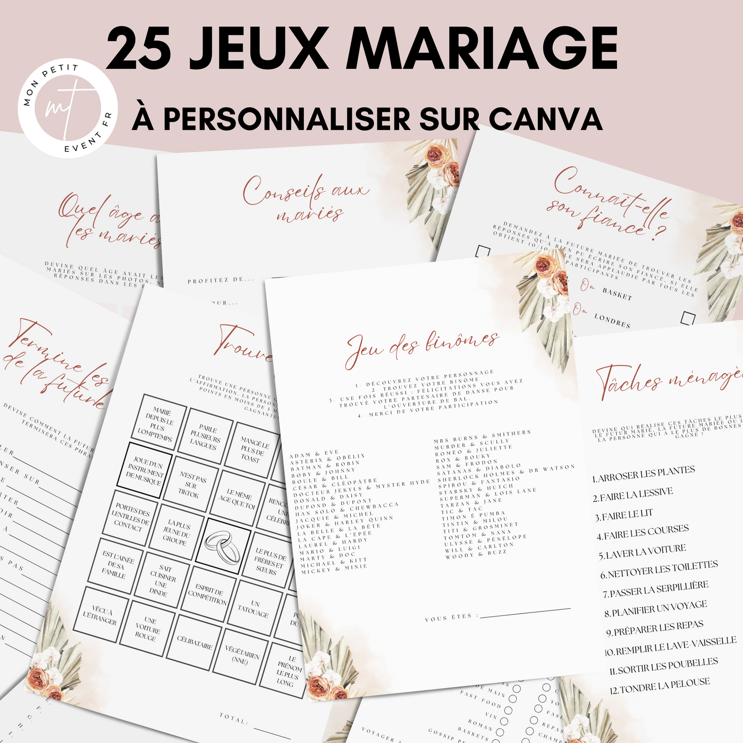 Jeux de mariage en français : activités, 25 cartes à imprimer, animations de table, défis photos et EVJF.