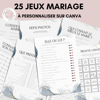 Jeux de mariage en français : activités, 25 cartes à imprimer, animations de table, défis photos et EVJF.