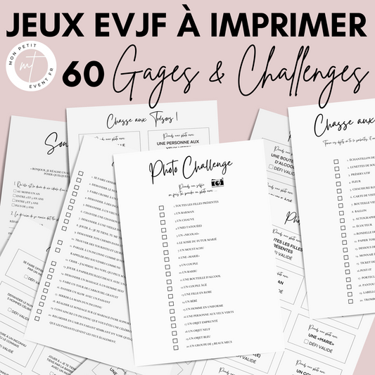 Jeux EVJF Minimaliste à imprimer - 60 Gages, Défis & Challenges pour un enterrement de vie de jeune fille - Activités EVJF - Animations EVJF